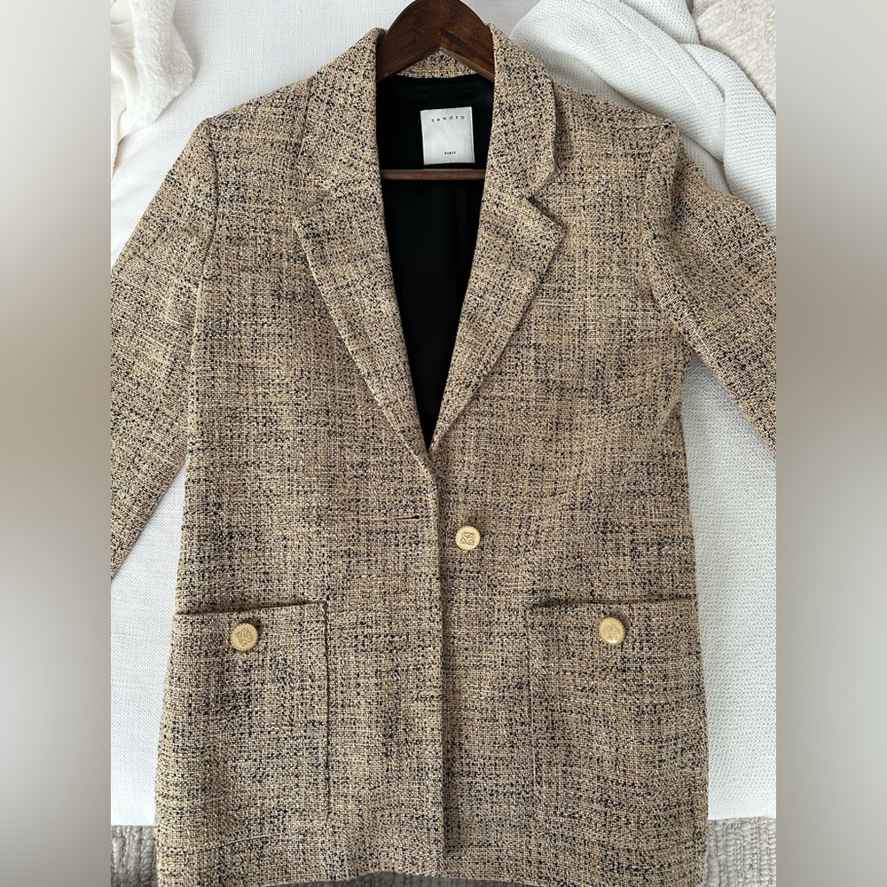 Sandro Beige Tweed Blazer with Gold Buttons